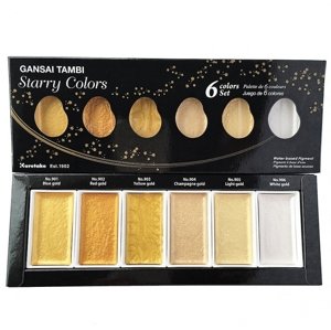 Kuretake Gansai Tambi Starry Colors - Zlaté metalické akvarelové barvy sada 6 ks