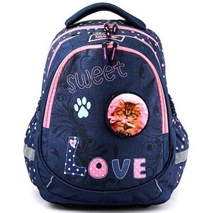 Studentský batoh Target, Tmavě modrý, nalepovací kočička/pes na suchý zip, nápis Love