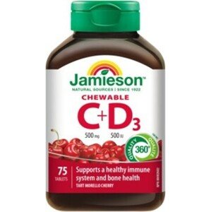 Jamieson Vitamíny C a D3 500mg / 500 IU tablety na cucání s příchutí třešně 75 tablet