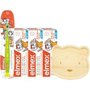 Elmex Dětský balíček – 3x zubní pasta 50ml, zubní kartáček 3-6 let + dřevěný talířek