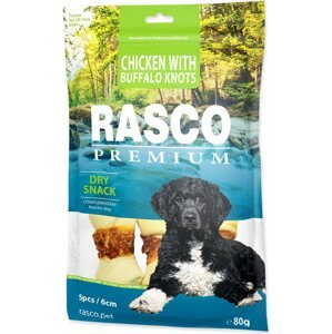 Pochoutka Rasco Premium buvolí kůže obalená kuřecím masem, uzly 6cm 80g