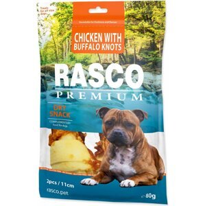 Pochoutka Rasco Premium buvolí kůže obalená kuřecím masem, uzly 11cm 80g